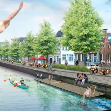 Ontwerpvisual van een gracht met kanovaarders, terrassen en een duikende man
