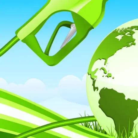 Illustratie van een groen tankpistool naast een groene wereldbol in het gras