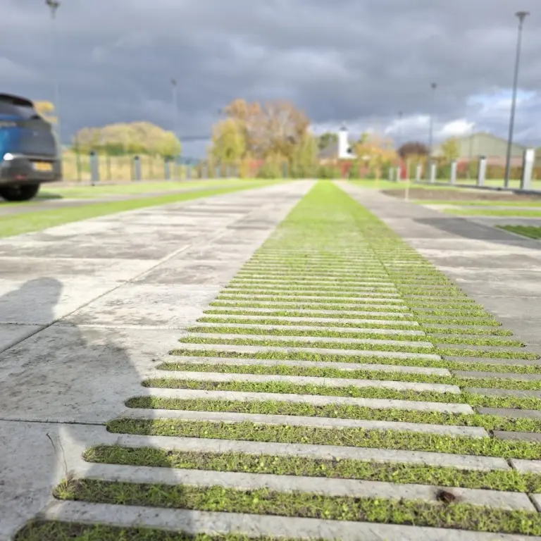 Parkeervak van grasbetontegels met gras, op de achtergrond een ladende auto