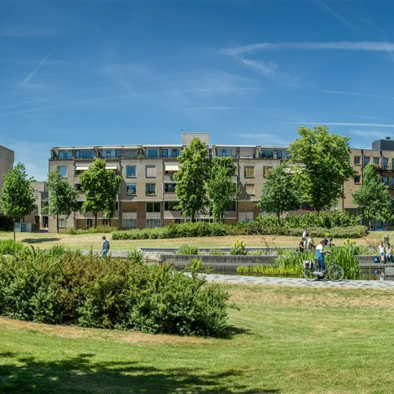 Grasveld en beplanting rond een waterpartij voor een woonblok
